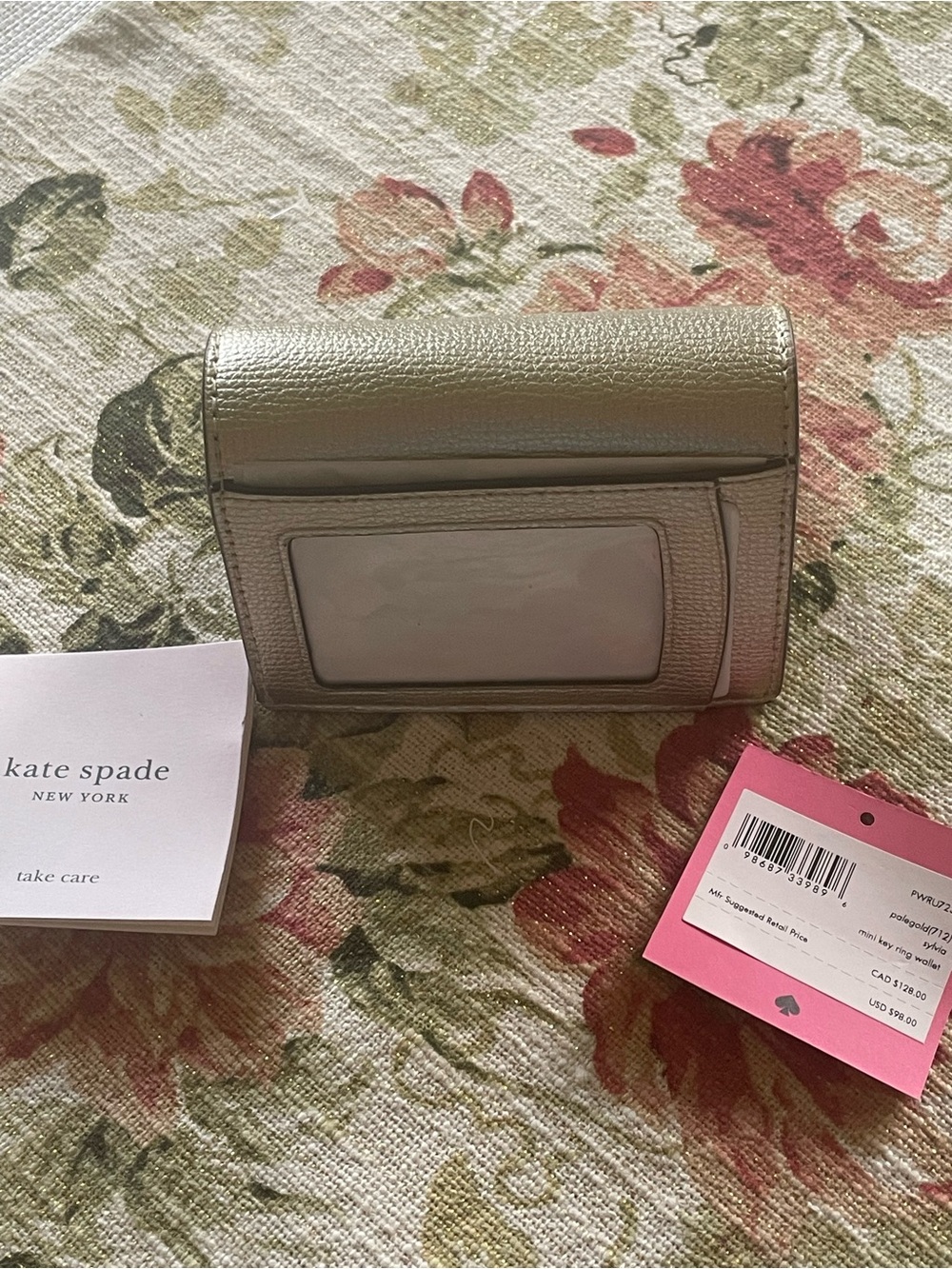 NWT~KATE SPADE~Sylvia Mini Wallet with key ring, Metallic Pale Gold - Picture 4 of 9